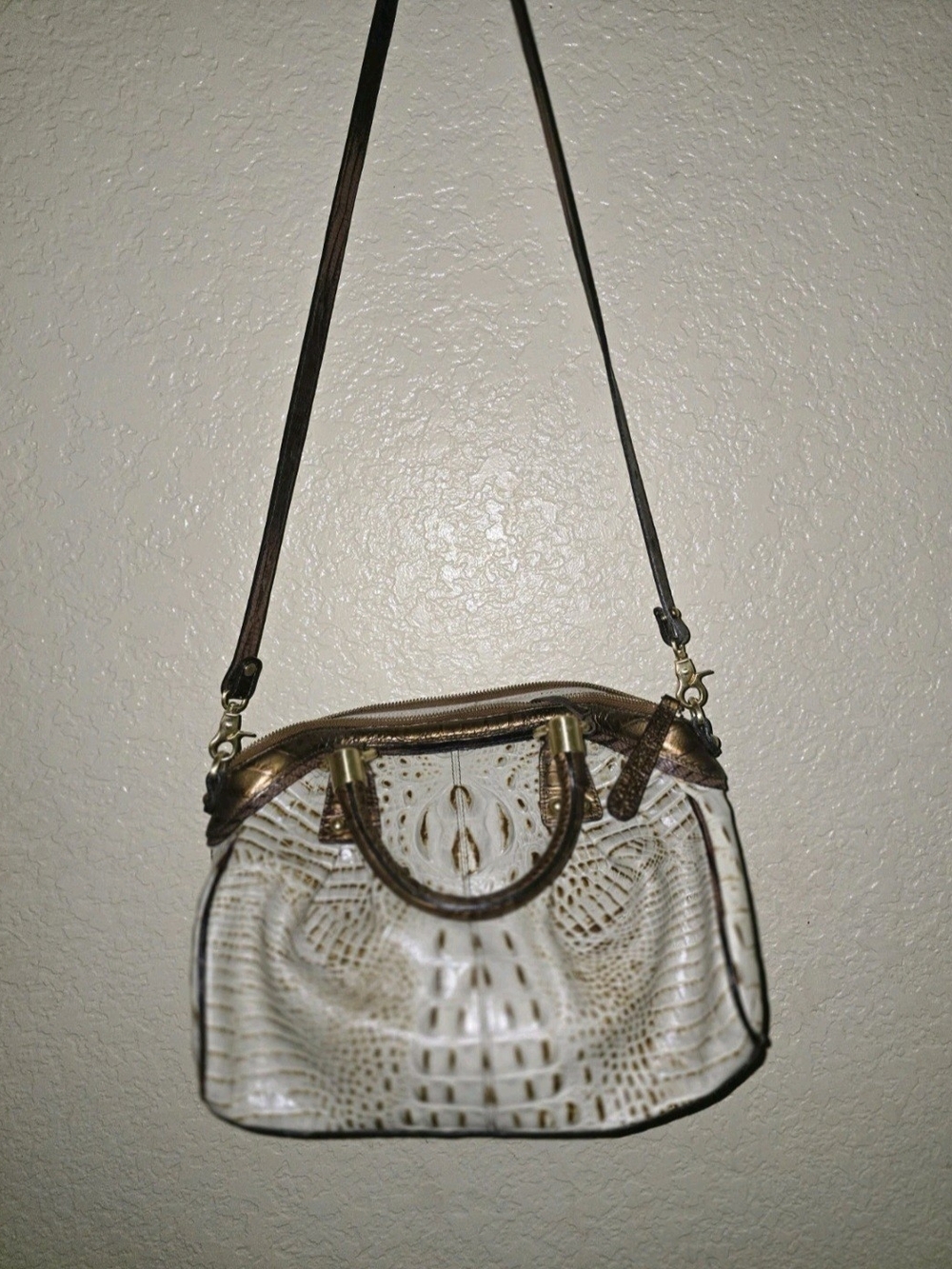 Brahmin Melbourne Ivory Croc Embossed Leather Satchel Crossbody Bag
